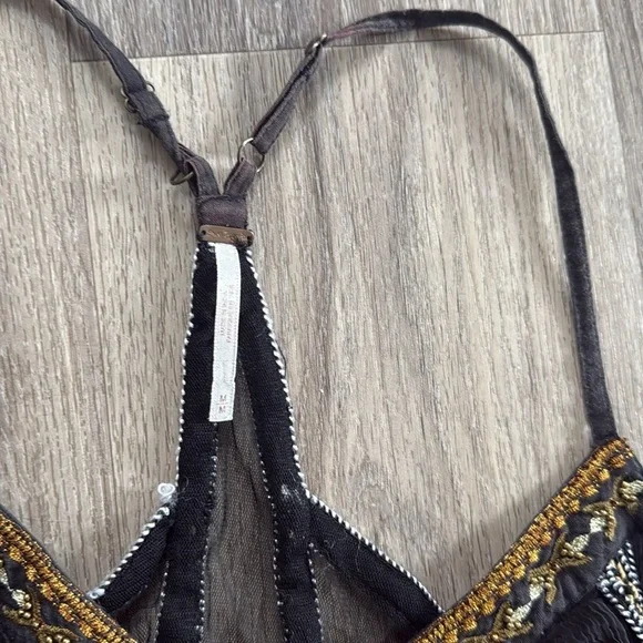 Free People Black and Gold Mini Dress Chiffon Asymmetric Boho Embroidered - Picture 5 of 8